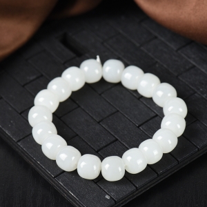 山料和田羊脂白玉老形珠单圈手串