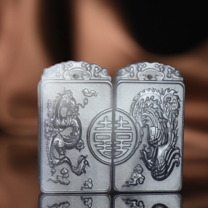 山料和田烟青玉龙凤对牌吊坠（二件）