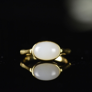 18K籽料和田白玉竹节戒指