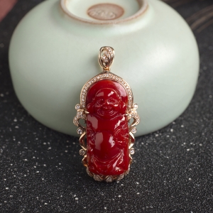 18K阿卡牛血红珊瑚弥勒佛吊坠