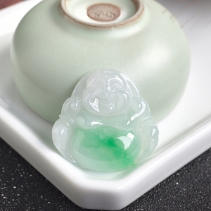 糯冰种飘翠翡翠弥勒佛吊坠