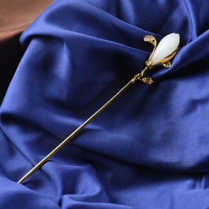 18K籽料和田白玉玉兰花簪子