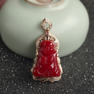 18K阿卡牛血红珊瑚弥勒佛吊坠