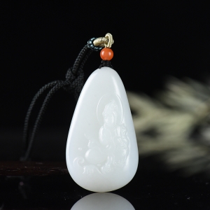 山流水料和田羊脂白玉观音吊坠