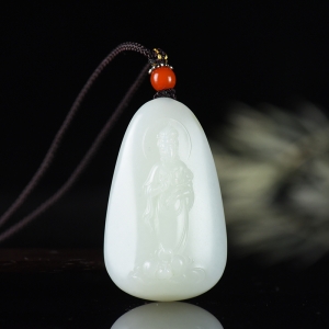 山流水料和田羊脂白玉观音吊坠