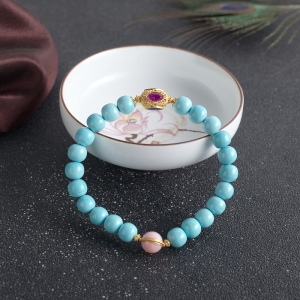 中高瓷铁线蓝绿松石桶珠单圈手串