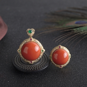 18KMOMO珊瑚圆形戒指/吊坠套装