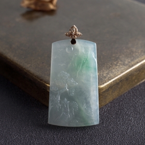 18K糯冰种飘翠翡翠山水意境吊坠