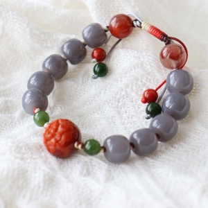 和田玉烟青老形珠单圈手串