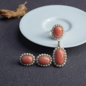 18KMOMO珊瑚戒指/吊坠/耳钉套装