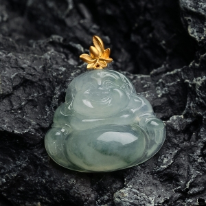 18k糯冰种飘花翡翠弥勒佛吊坠