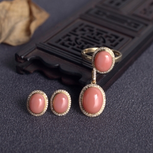 18KMOMO珊瑚戒指/吊坠/耳钉套装