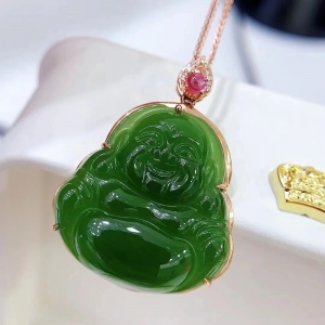 18K山料和田碧玉弥勒佛吊坠