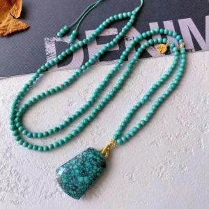 中高瓷蓝色绿松石网花无事牌吊坠