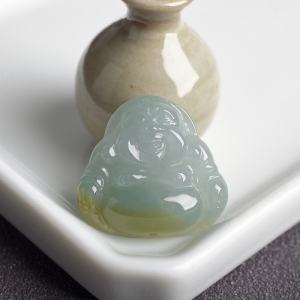 糯冰种飘黄翠翡翠弥勒佛吊坠