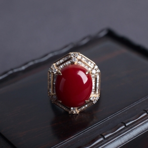 18K阿卡牛血红珊瑚戒指/吊坠两用款