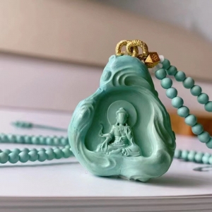 中高瓷蓝色绿松石花开见佛吊坠