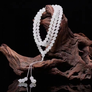 8mm山料和田羊脂白玉108佛珠