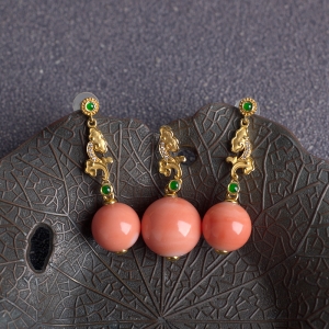 18KMOMO珊瑚圆珠吊坠/耳坠套装