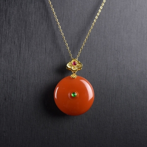 18K樱桃红南红平安扣吊坠