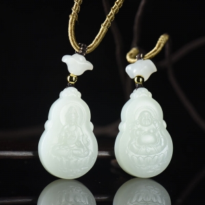 山流水料和田羊脂白玉观音/弥勒佛吊坠（二件）