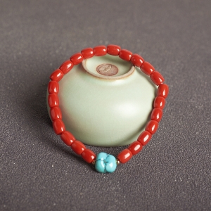 沙丁牛血红珊瑚桶珠单圈手串