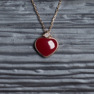 18K阿卡牛血红珊瑚心形项链