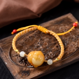 籽料和田玉黄沁弥勒佛手绳