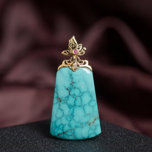 18K高瓷铁线蓝绿绿松石无事牌吊坠