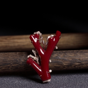 18K阿卡牛血红珊瑚树枝吊坠/胸针两用款