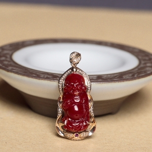 18K阿卡牛血红珊瑚弥勒佛吊坠