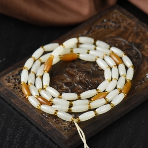 籽料和田白玉桶珠多圈手串