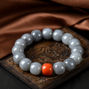 籽料和田玉青花老形珠单圈手串