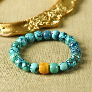 中高瓷蓝色绿松石网纹老形珠单圈手串