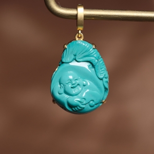 18K高瓷蓝绿绿松石弥勒佛吊坠