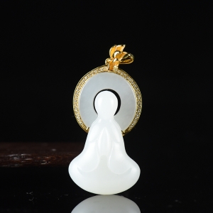 18K山流水料和田白玉悟道吊坠