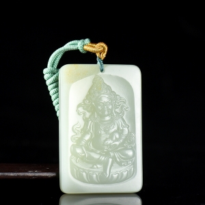 籽料和田青白玉黄财神吊坠