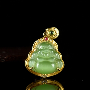 18K山料和田碧玉猫眼弥勒佛吊坠