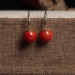 18K沙丁珊瑚圆珠耳环