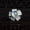 缅甸A货天然银镶冰种浅绿翡翠花朵戒指 - 红掌柜