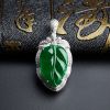 缅甸A货天然18K金镶钻冰糯种满绿翡翠叶子吊坠 - 红掌柜